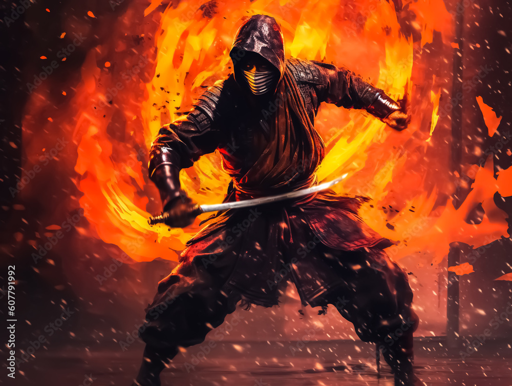 A masked ninja on a fiery background of burning fire, generative AI art illustration