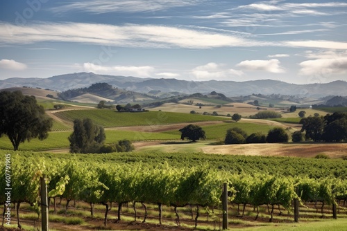 vineyard with rolling hills and distant mountain range in the background  created with generative ai
