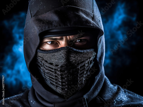 A masked ninja on a dark background, generative AI art illustration