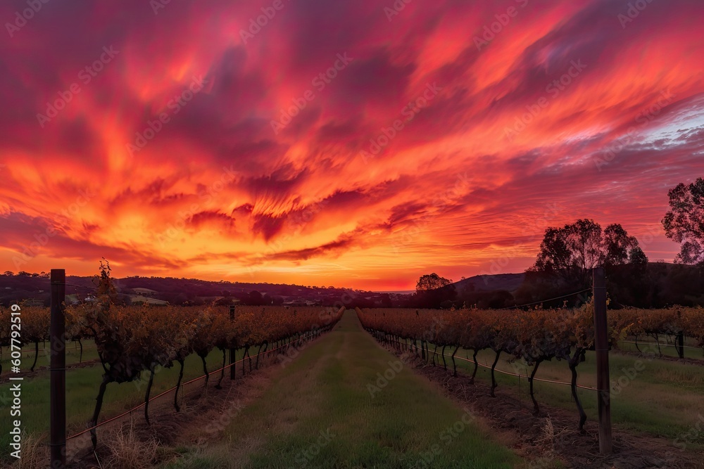 vineyard sunset, with vibrant orange and pink hues in the sky, created with generative ai