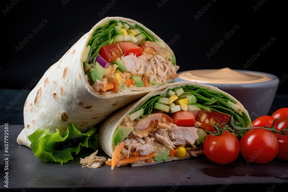 tuna salad wrap with crunchy veggies and spicy sauce, created with generative ai tuna salad wrap with crunchy veggies and spicy sauce, created with generative ai