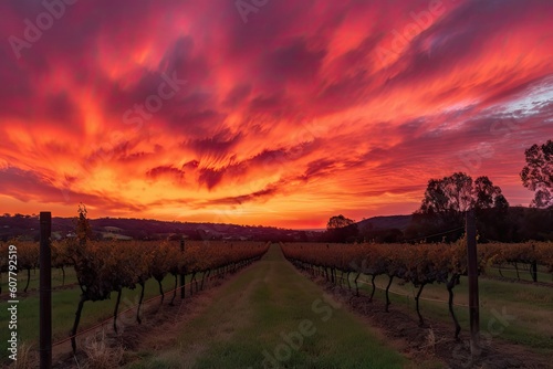 vineyard sunset, with vibrant orange and pink hues in the sky, created with generative ai