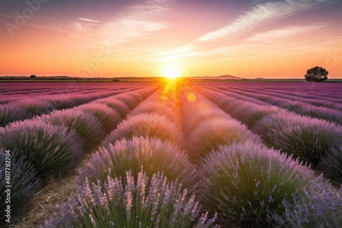 lavender field with sun setting behind the horizon  creating a breathtaking view  created with generative ai