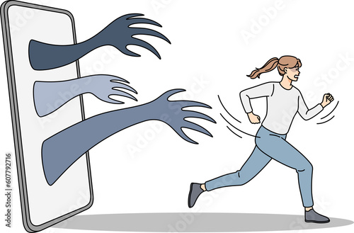 Woman running away from hands from cell