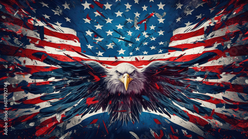The national symbol of the USA. Eagle flying with USA flag in the background. Digital art, Generative AI