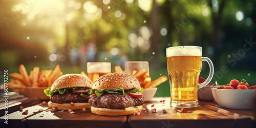 burgers and beer outdoor on a wooden table to celebrate independence day America 4th of July, blurry nature background. Generative AI
