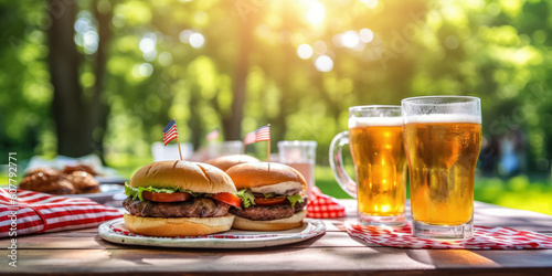 burgers and beer outdoor on a wooden table to celebrate independence day America 4th of July, blurry nature background. Generative AI