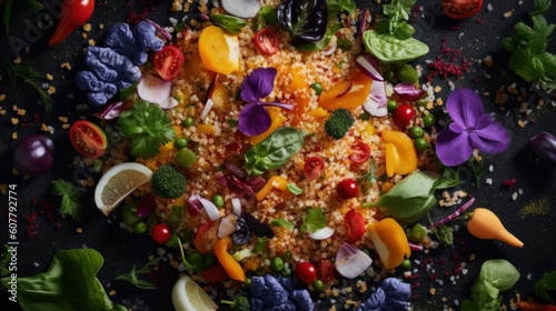 bulgur wheat cooked in a vibrant and colorful salad, surrounded by fresh vegetables and herbs