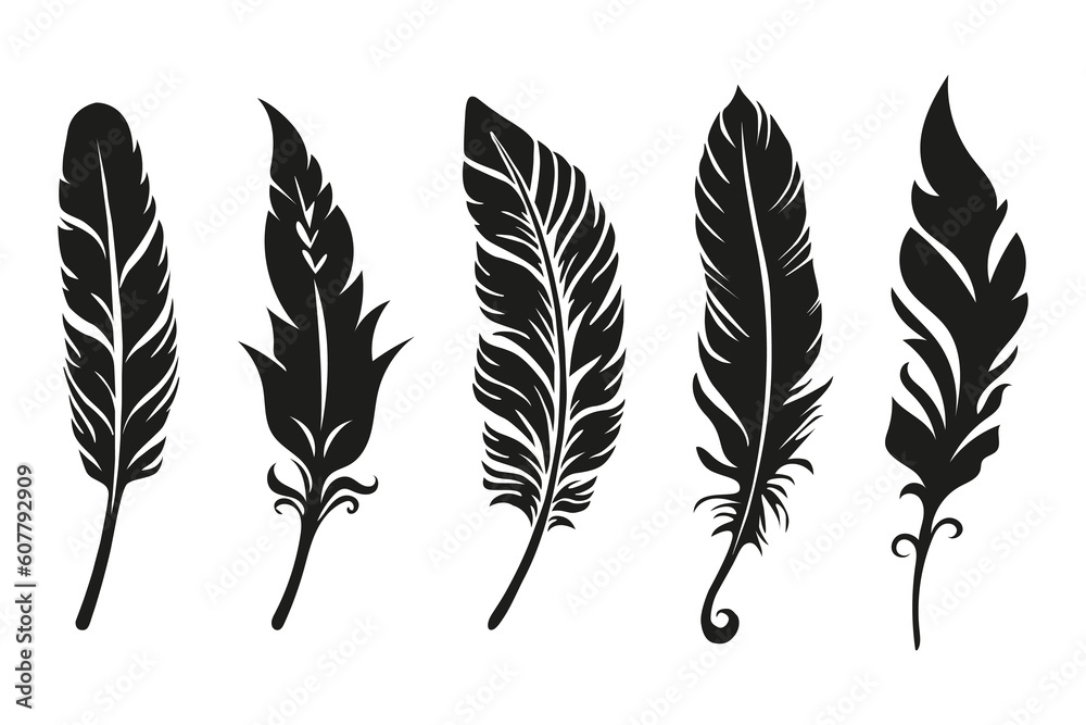 Fototapeta premium Bird Feather Vector Collection. Set of black plume silhouettes. Vector elements for design and decoration.