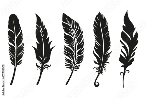 Bird Feather Vector Collection. Set of black plume silhouettes. Vector elements for design and decoration.