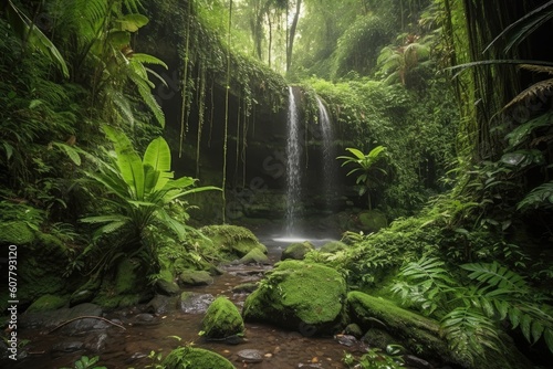 majestic waterfall cascading over the lush jungle landscape  created with generative ai