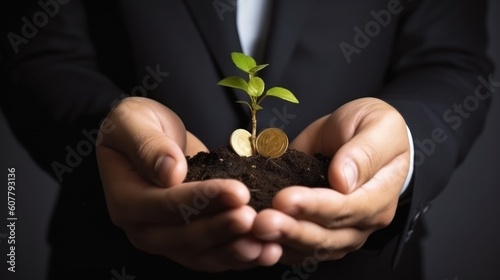 Businessman holding in hands small tree growing on pile of golden coins. Capital growth, investment, saving money, economy, finance and business concept.