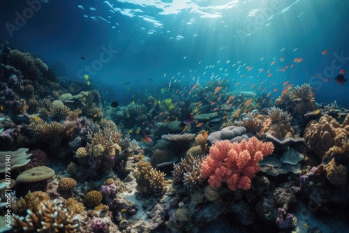 close-up of coral reef, with fish and other marine life swimming among the colorful corals, created with generative ai
