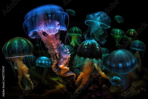 deep-sea creatures swimming and interacting with each other in vibrant display of bioluminescence, created with generative ai © Alfazet Chronicles