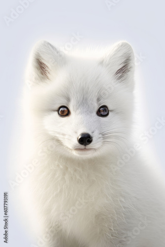 Cute baby arctic fox isolated on a white background. Generative AI