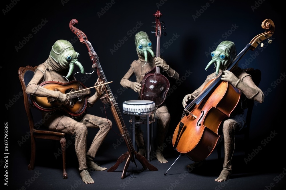 Fototapeta premium three aliens playing musical instruments and performing in a musical trio, created with generative ai