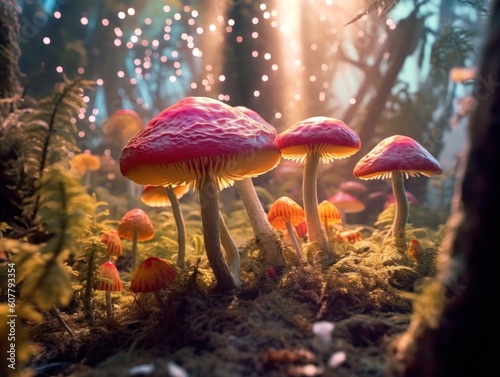 colourful and vivid magic mushroom forest  generative ai