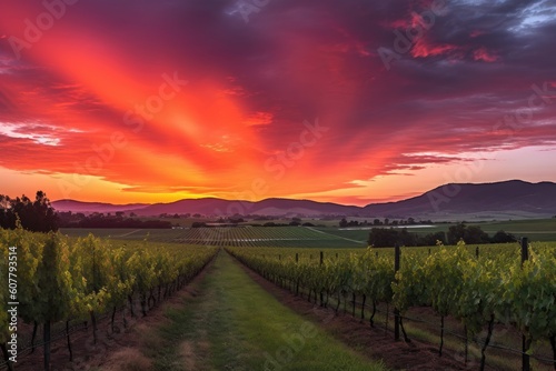 vibrant sunset over vineyard, with rolling hills and mountains in the background, created with generative ai