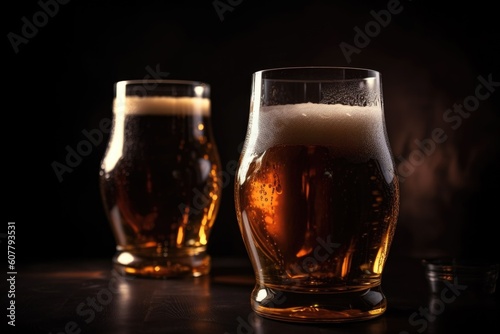draught beer in glasses on dark background  with blurred light and shadows  created with generative ai