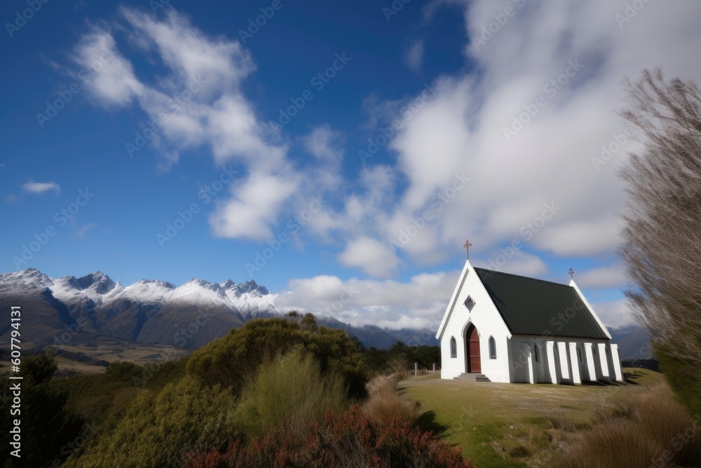 view of the mountains and chapel, with clear blue skies and white clouds, created with generative ai