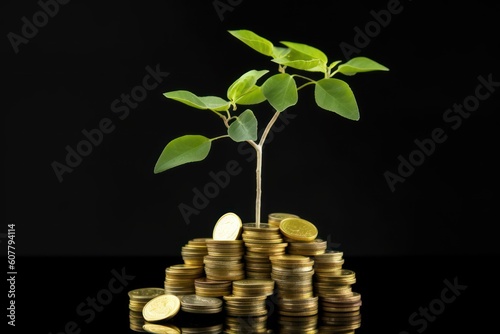 Small tree growing on pile of golden coins. Capital growth, investment, saving money, economy, finance and business concept.