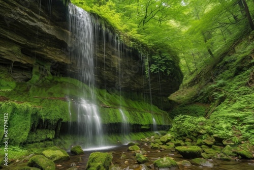 majestic waterfall cascading over moss-covered rock face in verdant forest  created with generative ai