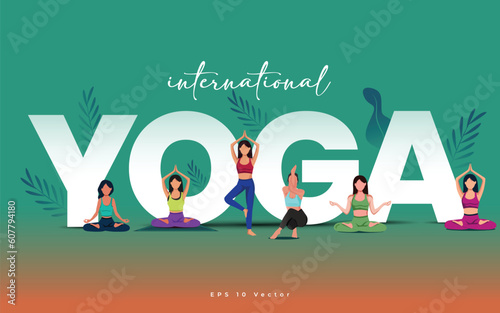 international yoga day. Yoga Body Posture with Text. Woman practicing yoga. vector illustration.