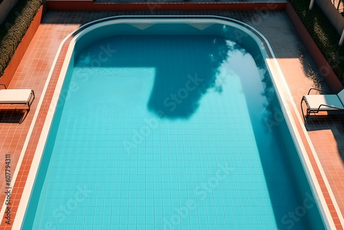 Swimming pool without people in summer, sun shinning on blue water surface in pool, relaxing and fun activity in hot sunny day, Generative AI © Sunday Cat Studio