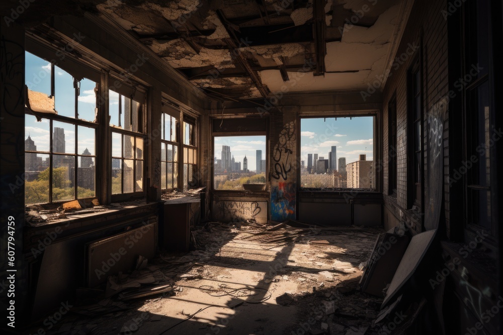 abandoned building, with view of bustling cityscape, offering glimpse into past, created with generative ai