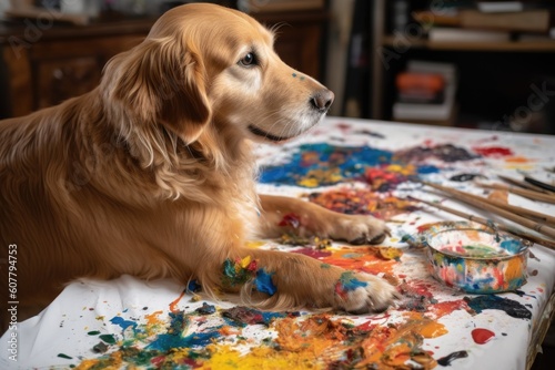 dog using brush and palette to paint abstract masterpiece, created with generative ai