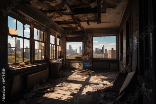 abandoned building  with view of bustling cityscape  offering glimpse into past  created with generative ai