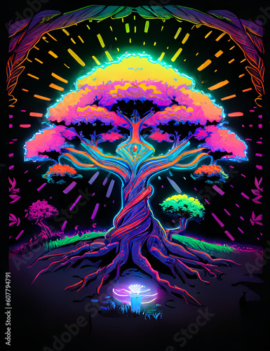 Wallpaper Mural tree of life psychedelic black light poster neon Generative AI Torontodigital.ca