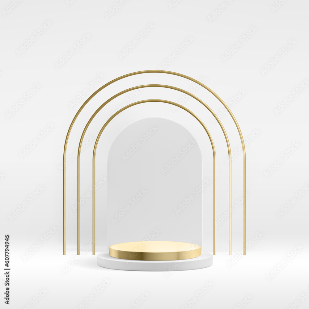 Obraz premium Metallic product podium background with tripple golden and white arch. Premium abstract vector presentation template.