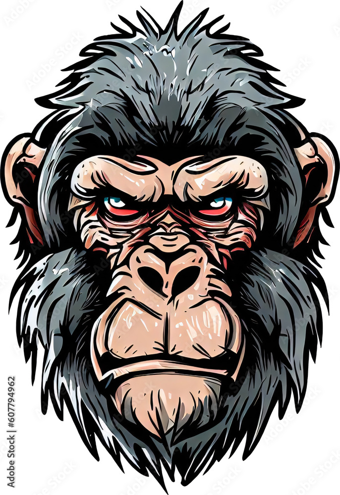 the head of an old monkey in comic style, on transparent background as PNG.(generative ai)