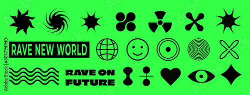 Set of stickers with rave psychedelic acid and trippy  elements. Vector illustration in trendy weird 90s style. Isolated green background. Rave on, Future text