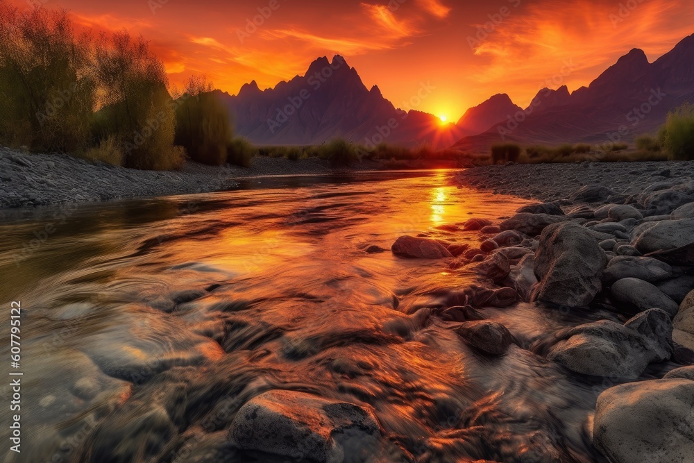 majestic mountain range, with fiery sunset in the background, and river flowing between the rocks, created with generative ai