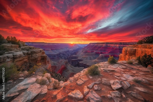 grand canyon with fiery sunset, featuring colorful and dramatic sky, created with generative ai