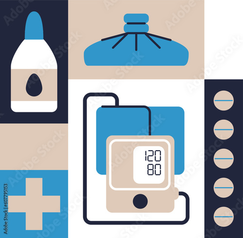 A set of illustrations of the means of diagnosis and treatment of cardiovascular diseases. Modular flat style illustration. Ice for cooling. Tablets for migraine. Tomograph for measuring pressure.