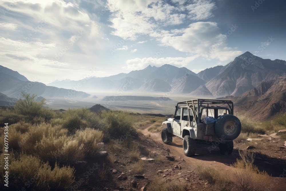 off-road vehicle exploring rugged terrain, with distant view of mountains in the background, created with generative ai