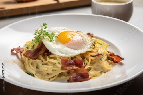 plate of spaghetti carbonara topped with crispy bacon and eggs, created with generative ai