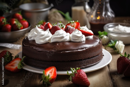 chocolate cake surrounded by arrangement of fresh strawberries and whipped cream  created with generative ai