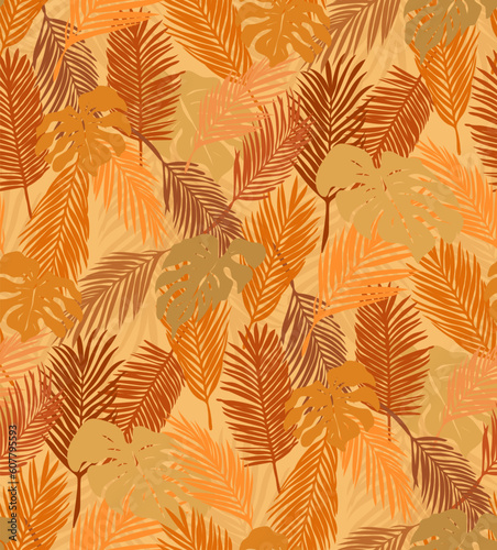 Seamless exotic pattern with orange tropical leaves on brown background. Vector illustration for fashion prints.