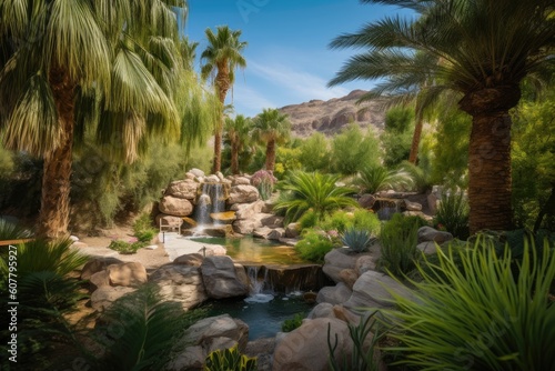 oasis with waterfall and gardens surrounded by desert landscape, created with generative ai