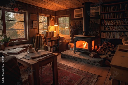 cozy cabin retreat with fire burning in the hearth, and stack of books on nearby table, created with generative ai