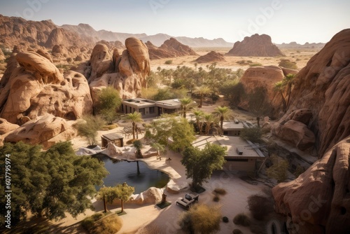 oasis with bird's-eye view of the desert, surrounded by towering rock formations, created with generative ai