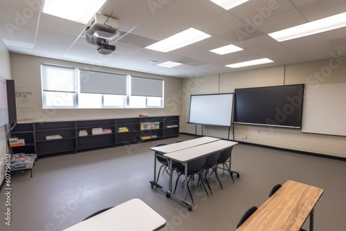 empty classroom with smart board, projector, and bookshelf for creative learning environment, created with generative ai