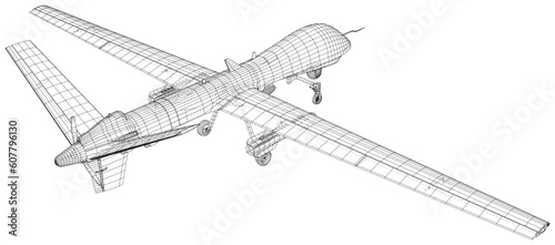 Aircraft unmanned military drone. Technical illustration wire-frame. Vector rendering of 3d.