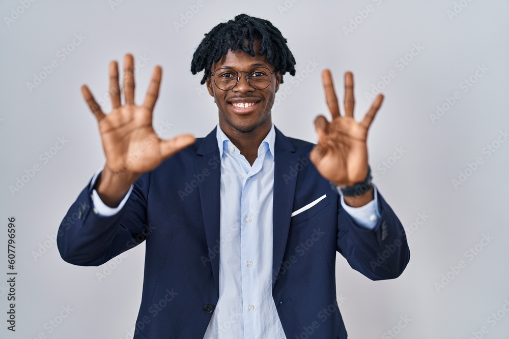 Young african man with dreadlocks wearing business jacket over white background showing and pointing up with fingers number eight while smiling confident and happy. Young african man with dreadlocks wearing business jacket over white background showing and pointing up with fingers number eight while smiling confident and happy.