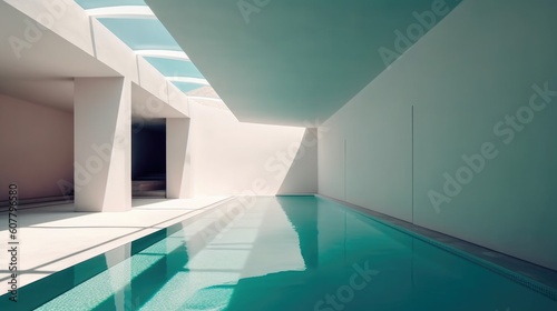 A modern interior of luxury private house with a swimming pool created with AI generative technology