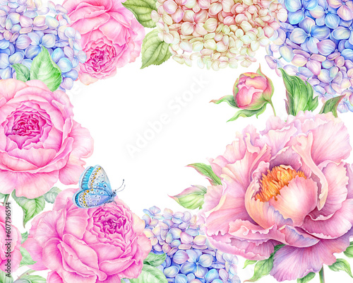 Fototapeta Naklejka Na Ścianę i Meble -  Summer vintage floral greeting card with blooming blue hydrangeas, pink roses and  peony flowers. Botanical watercolor hand painting frame for wedding invitations, greeting cards, congratulations.